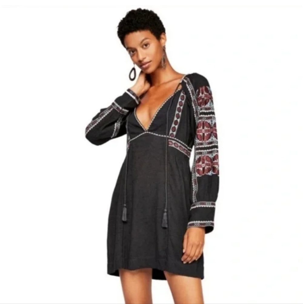Free People Black Mini Dress with Embroidered Burgundy Sleeves